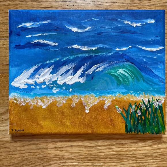 Hand painted acrylic original painting ocean waves beach reeds - Picture 1 of 6